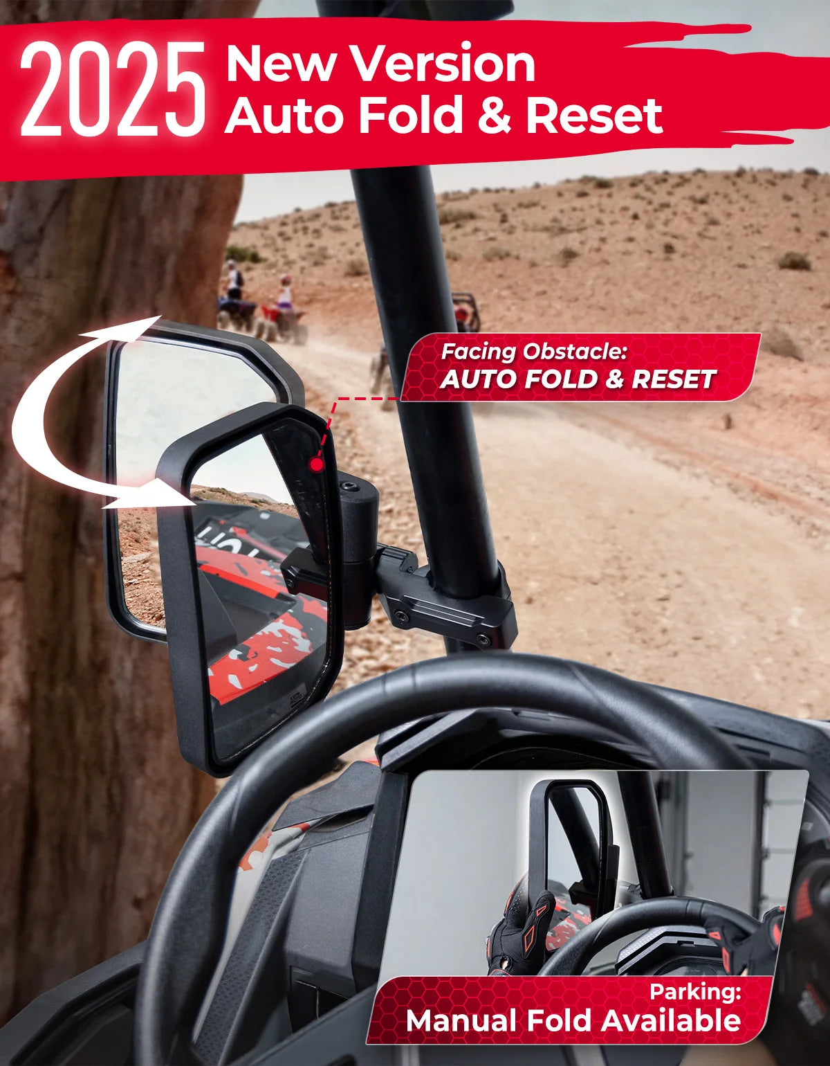 KEMIMOTO Auto-Fold Reset Side Mirrors, 1.65–2 Inch for UTV & SXS