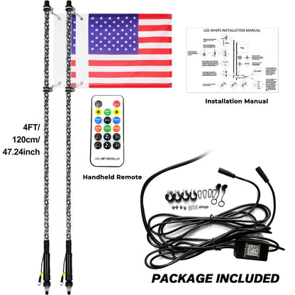 Spiral RGB LED Whip Lights with Flag & RF Remote (Pair) for UTV & SXS