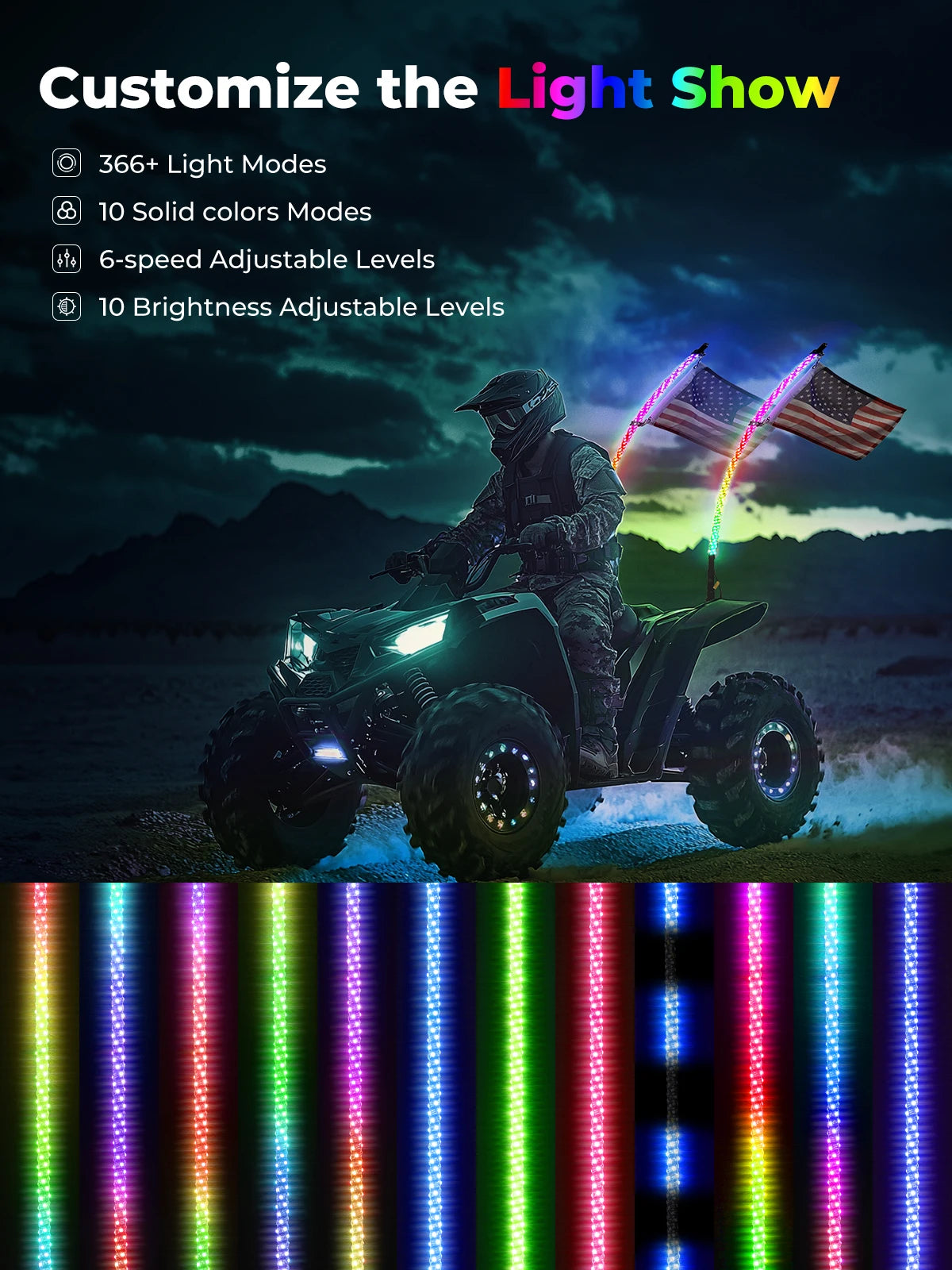 KEMIMOTO 3 ft Spiral LED Whip Light with App Control for UTV & SXS