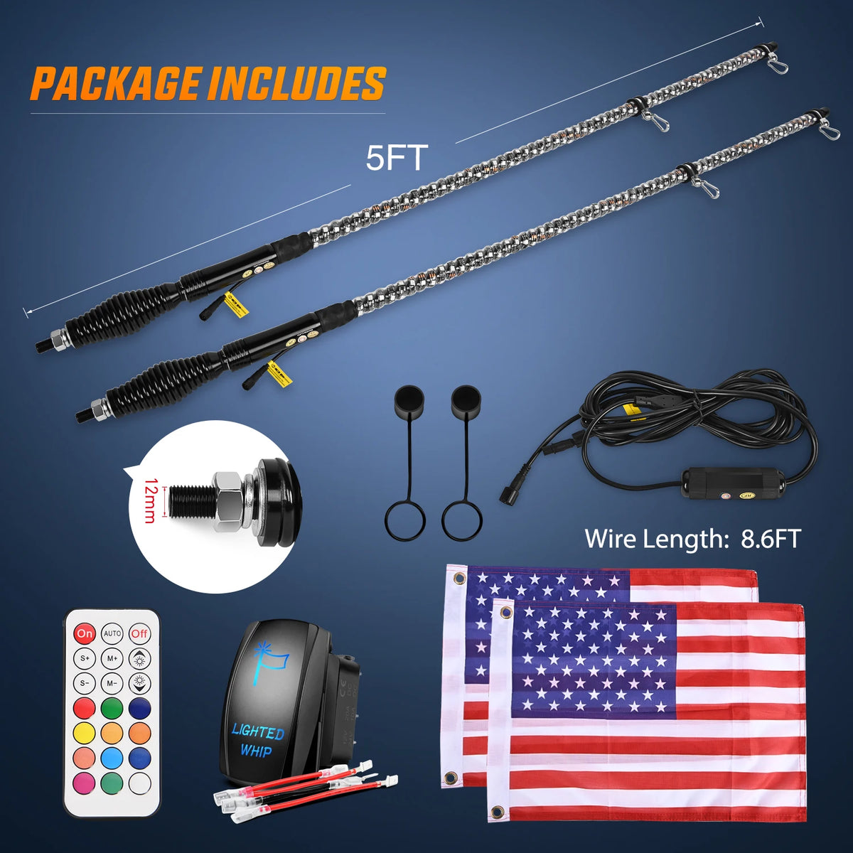 Nilight Spiral RGB LED Whip Lights with Remote (Pair) for UTV & SXS