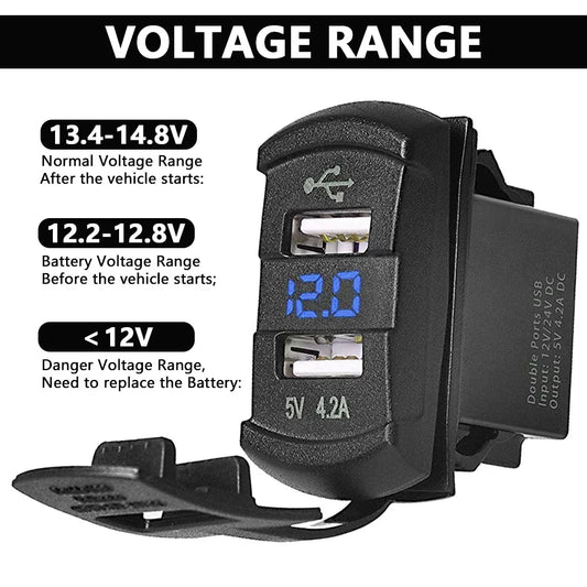 Dual USB Charger with LED Switch, 5V 4.2A for UTV & SXS