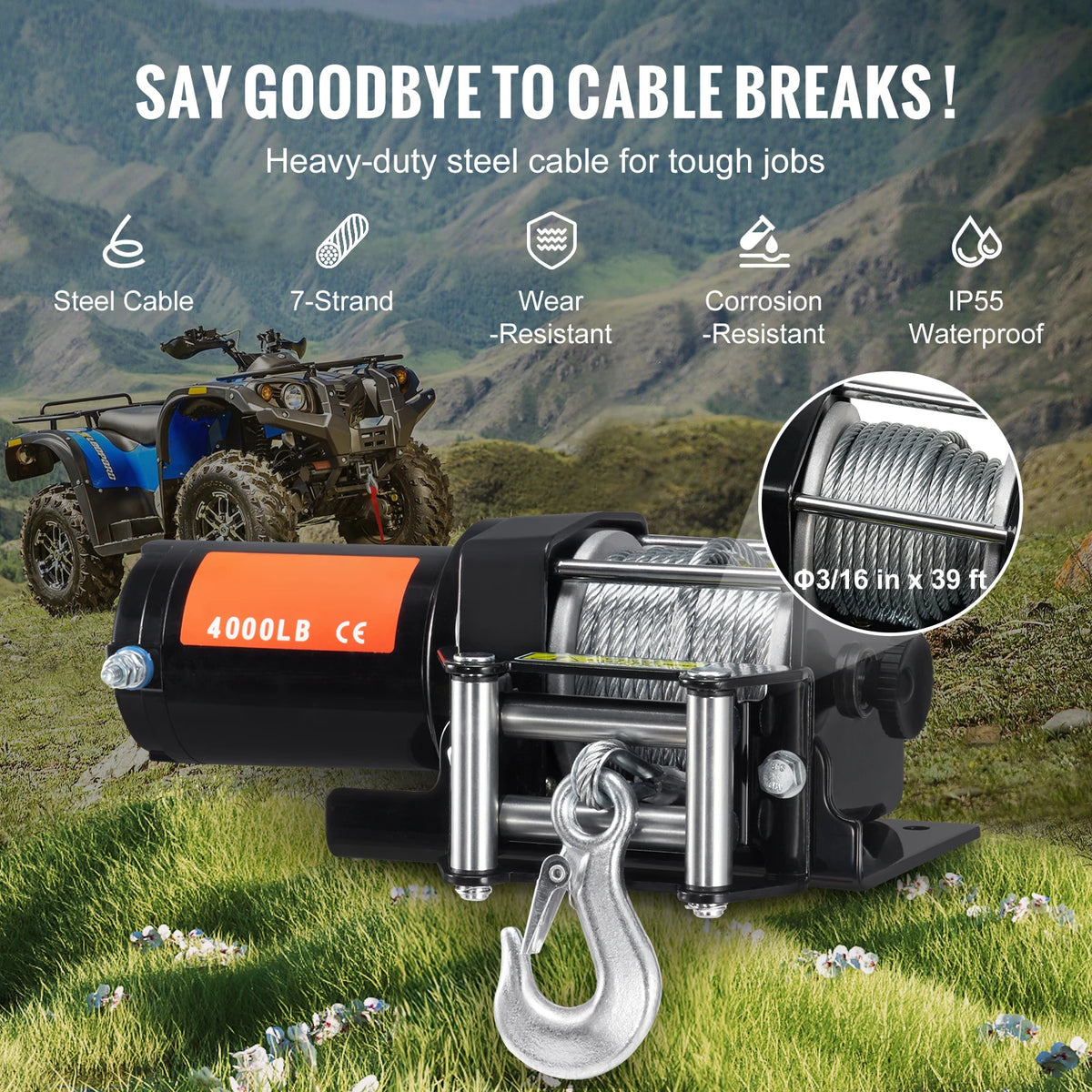 4000 lb Electric Winch with 39 ft Steel Cable & Wireless Remote for UTV & SXS