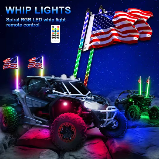 Spiral RGB LED Whip Lights with Flag & RF Remote (Pair) for UTV & SXS