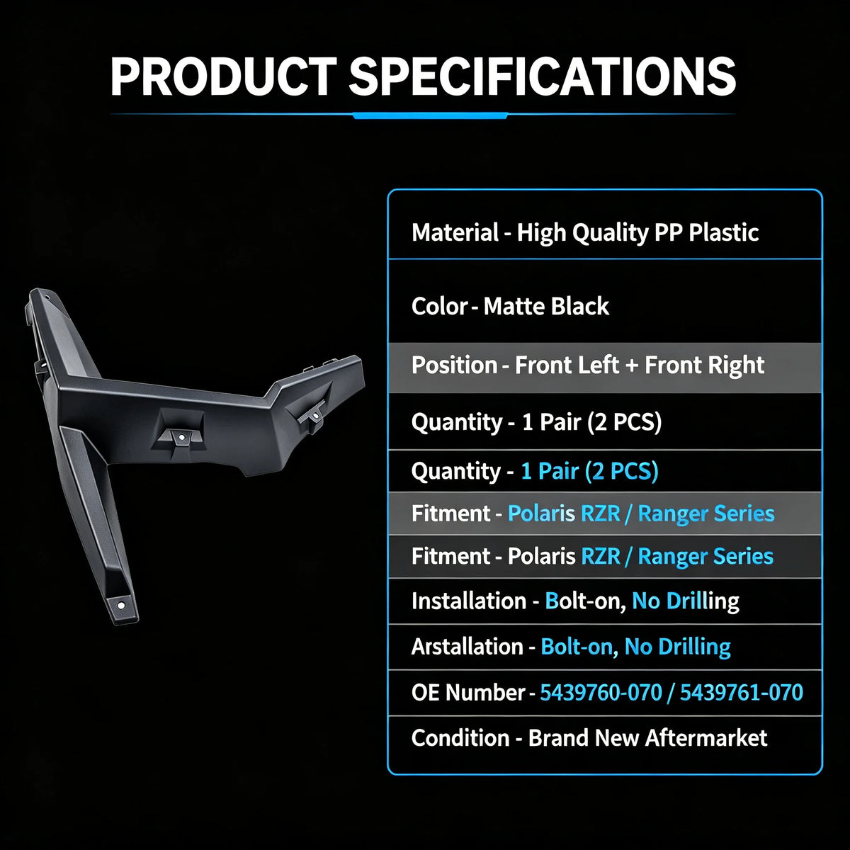 Extended Wide Fender Flares with Mud Flaps for Polaris RZR XP 1000, RZR 900 & RZR XP Turbo