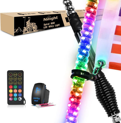 Nilight Spiral RGB LED Whip Lights with Remote (Pair) for UTV & SXS