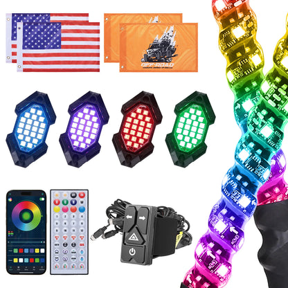 3-Foot LED Whip Lights and 4 Rock Lights Kit, App Control for UTV & SXS