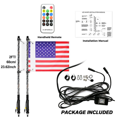 Spiral RGB LED Whip Lights with Flag & RF Remote (Pair) for UTV & SXS