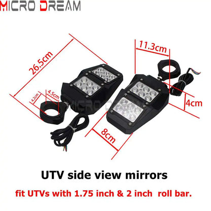 Side Mirrors with LED Spot Lights, 1.75–2-Inch Clamp for UTV & SXS