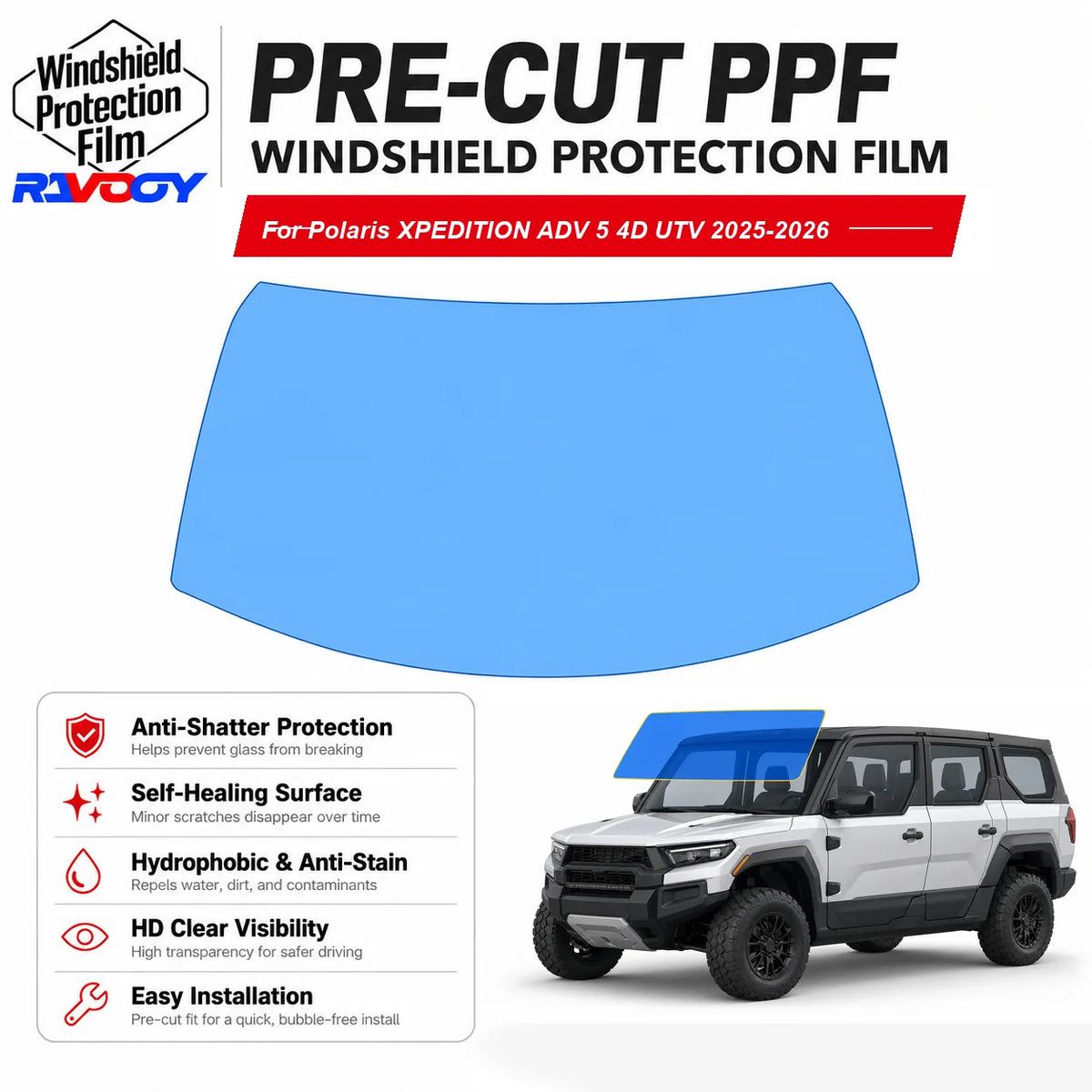 Pre-Cut Windshield Protection Film, 6.5mil Clear TPU UV Blocking for Polaris Xpedition (2025–2026)