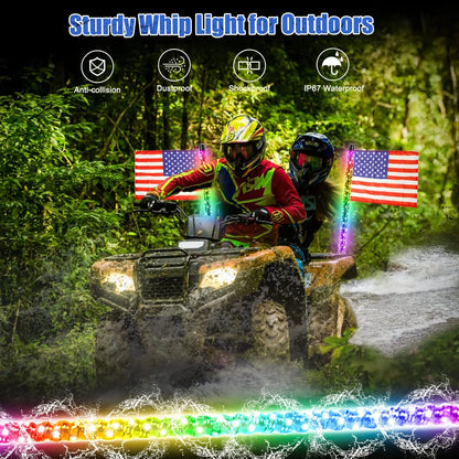 Spiral RGB LED Whip Lights with Flag & RF Remote (Pair) for UTV & SXS