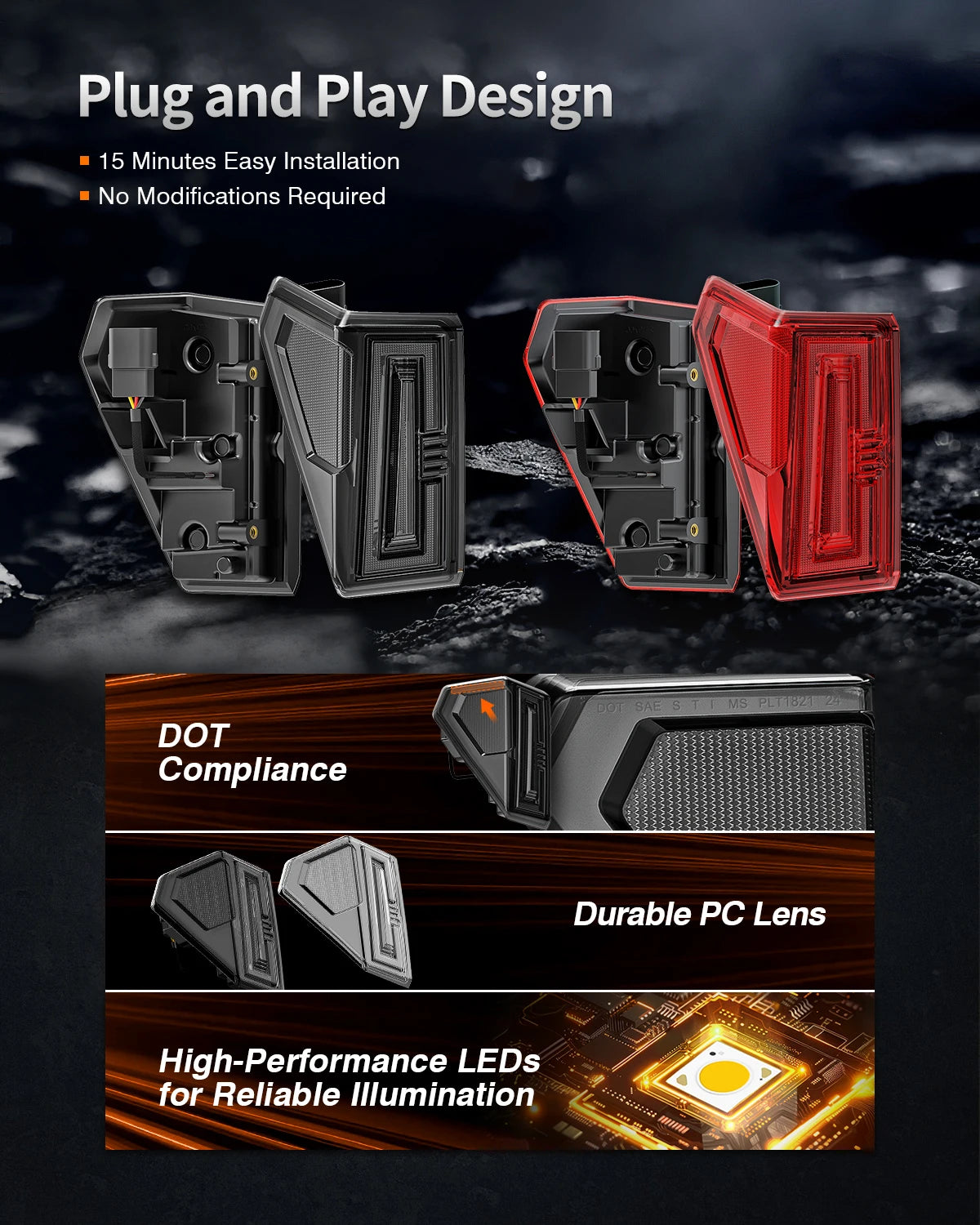 Smoked Black LED Tail Lights for Polaris Ranger XP 1000 (2018–2025)