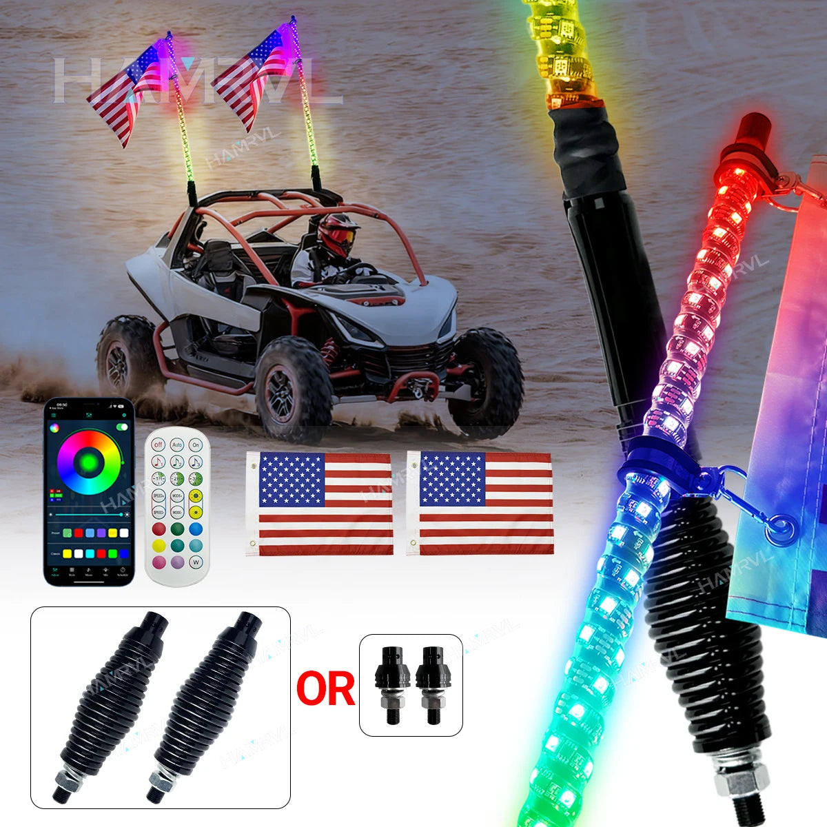 RGB LED Whip Light with Spring Base & Music Sync for UTV & SXS
