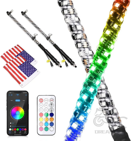 2-Foot RGB Chasing LED Whip Lights with App (Pair) for UTV & SXS