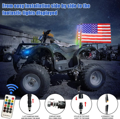 Spiral RGB LED Whip Lights with Flag & RF Remote (Pair) for UTV & SXS