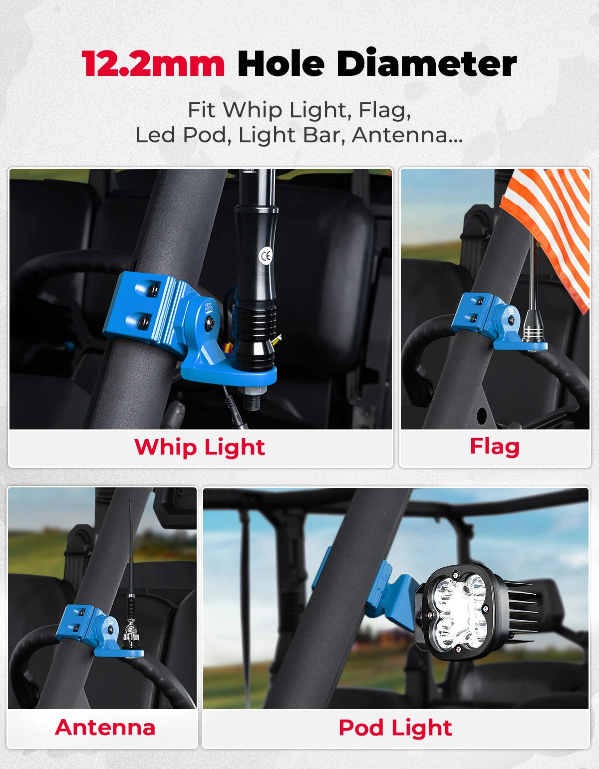 Pro-Fit Cage Whip Light and Flag Mount Bracket for Polaris Ranger XP 1000, Ranger 1000 & More