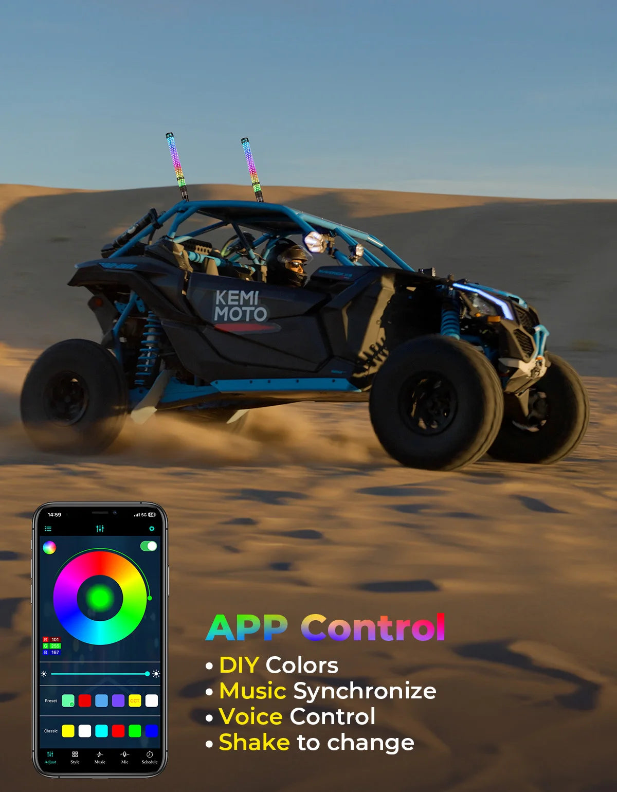 COB Fat Whip Lights with Bluetooth Remote for UTV & SXS