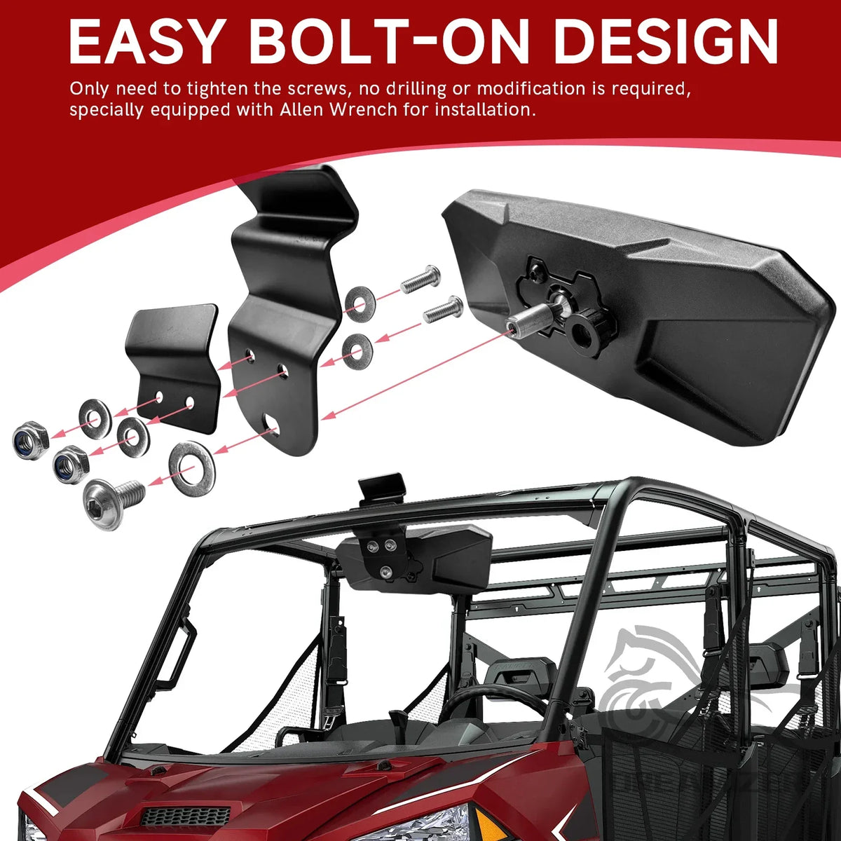 360-Degree Adjustable Rear View Mirror for Polaris Ranger 570, Ranger XP 900 & More