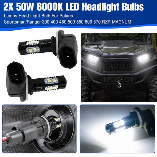 50W 6000K LED Headlight Bulbs (Pair) for Polaris RZR 570 & Ranger 570