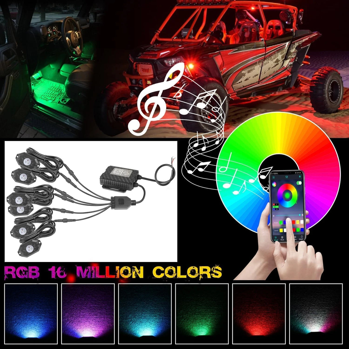 6-Pod RGB LED Rock Light Kit with Music Mode for UTV & SXS