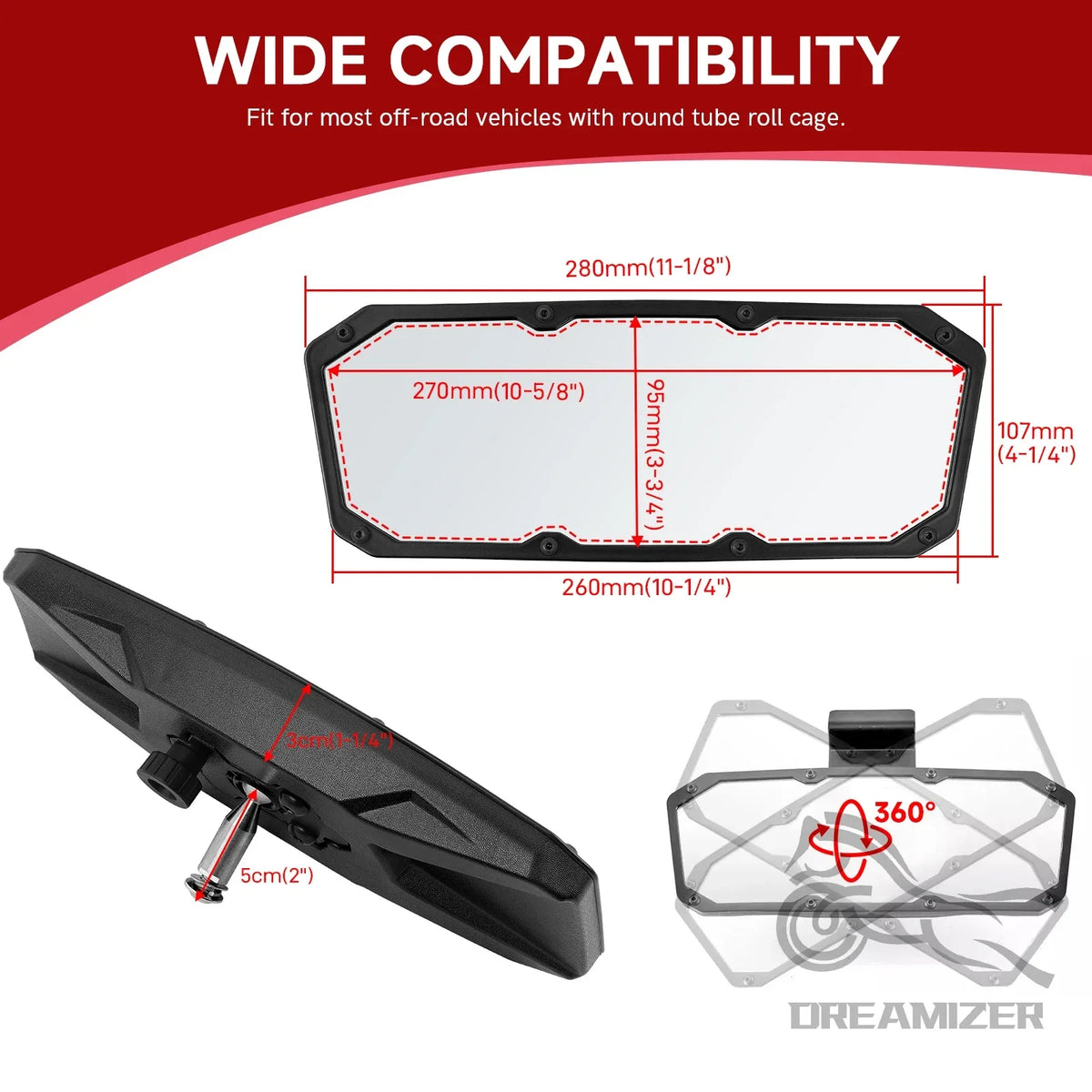 360-Degree Adjustable Rear View Mirror for Polaris Ranger 570, Ranger XP 900 & More