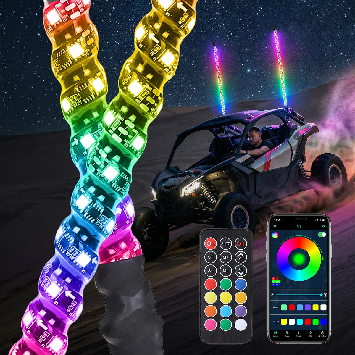 KEMIMOTO 3-Foot Spiral LED Whip Lights with Strobe for UTV & SXS