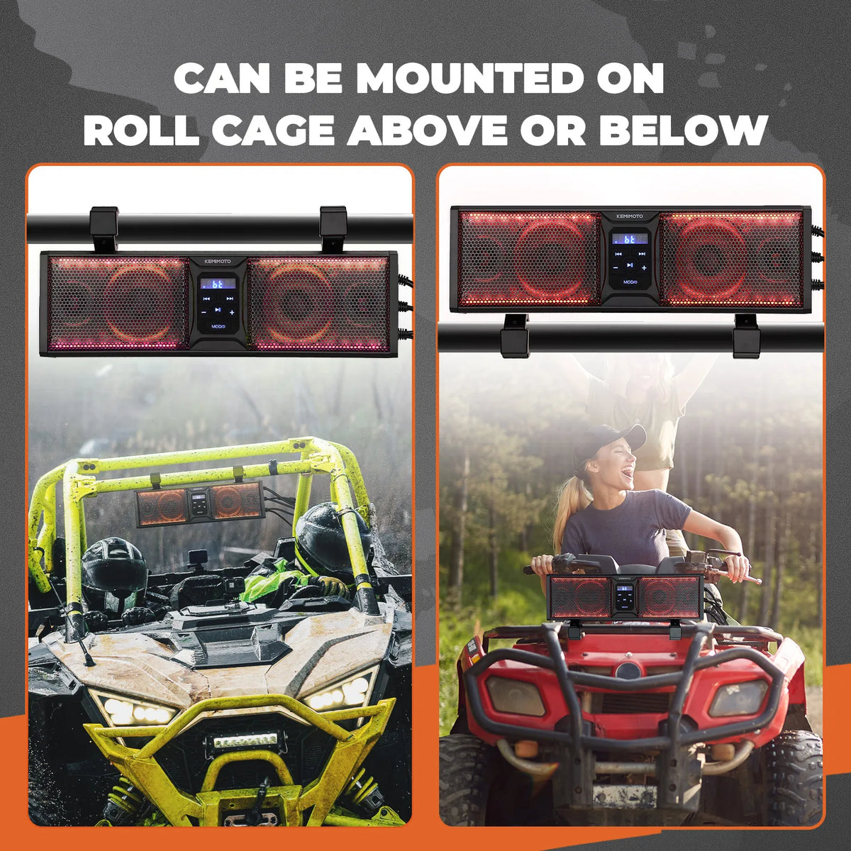 Waterproof Bluetooth Speakers with LED Lighting & Remote for UTV & SXS
