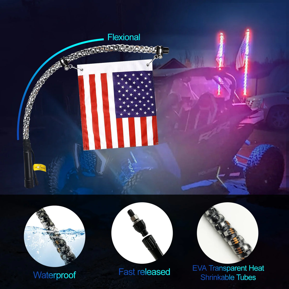 RGB LED Whip Light with Spring Base & Music Sync for UTV & SXS