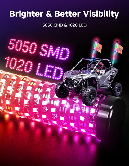 3-Foot RGB Fat LED Whip Lights with Turn, Brake and Reverse for UTV & SXS