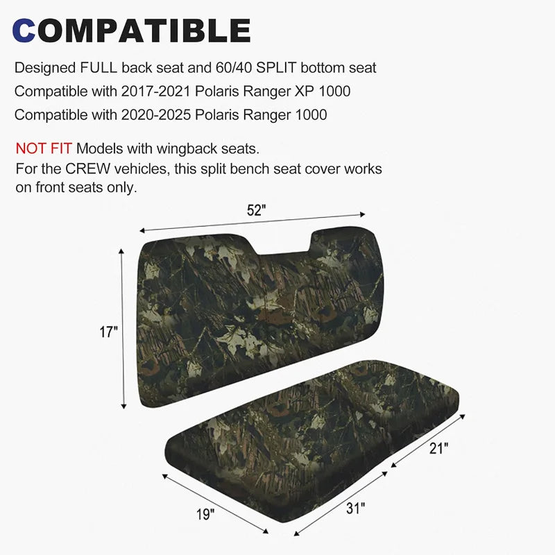 Camo Waterproof Bench Seat Protector for Polaris Ranger 1000 & Ranger XP 1000