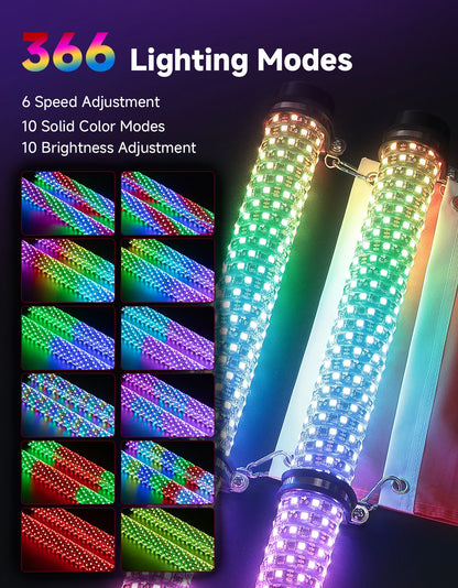 3-Foot RGB Fat LED Whip Lights with Turn, Brake and Reverse for UTV & SXS