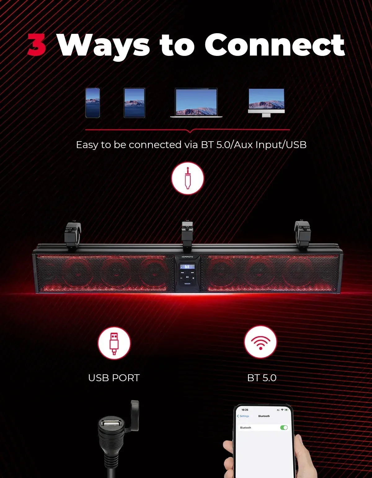 Bluetooth Sound Bar for 1.75–2.25 Inch Roll Bar for UTV & SXS