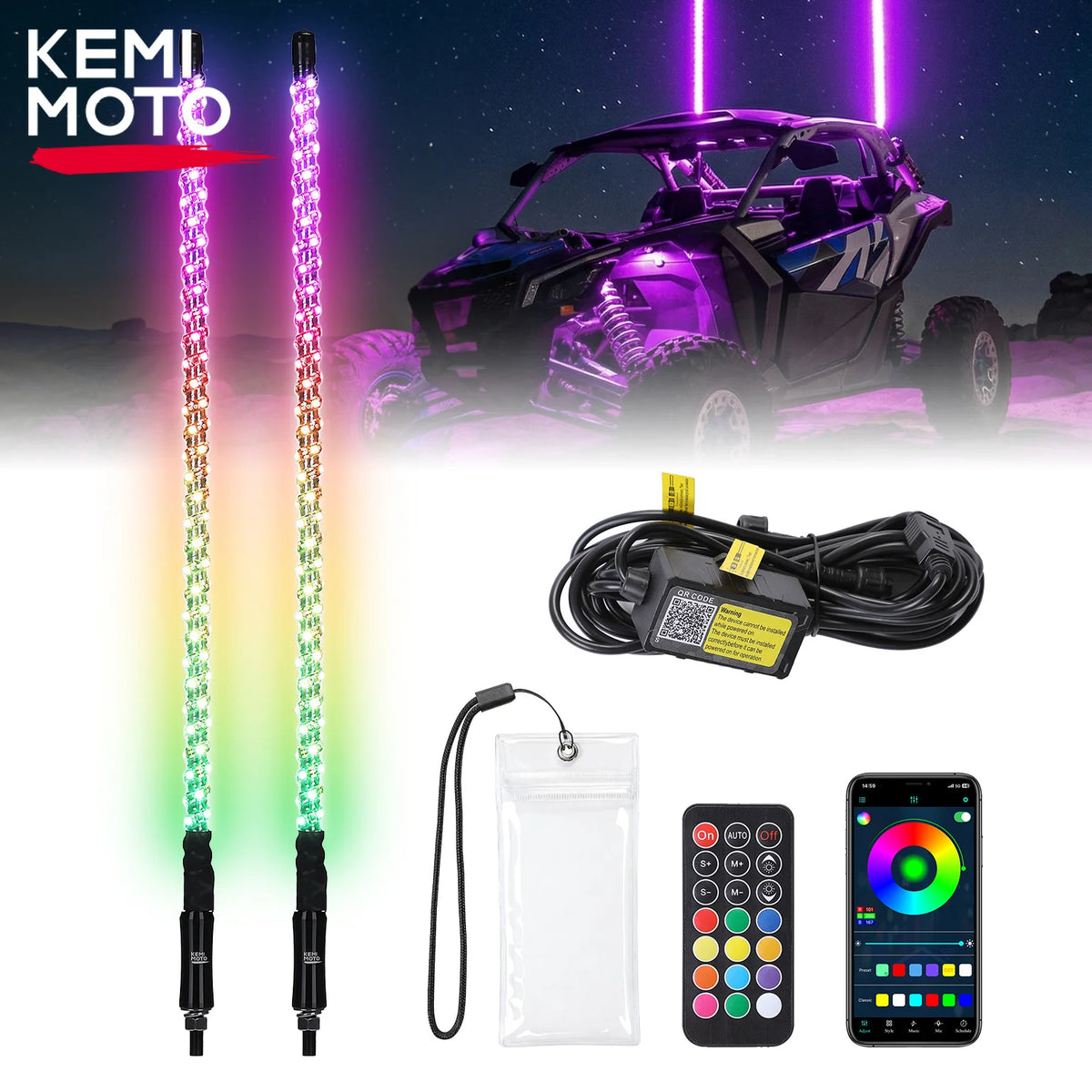 KEMIMOTO 3 FT Spiral RGB Chase Whip Lights with App Control for UTV & SXS