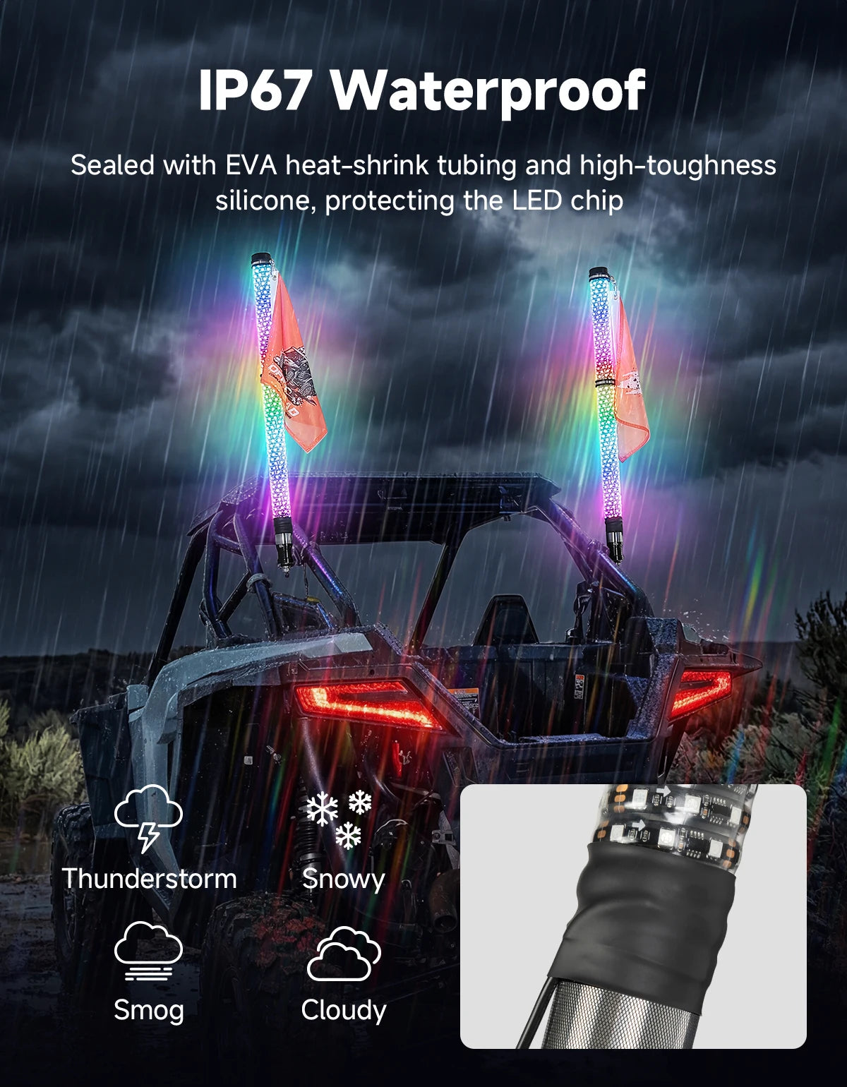 3-Foot RGB Fat LED Whip Lights with Turn, Brake and Reverse for UTV & SXS