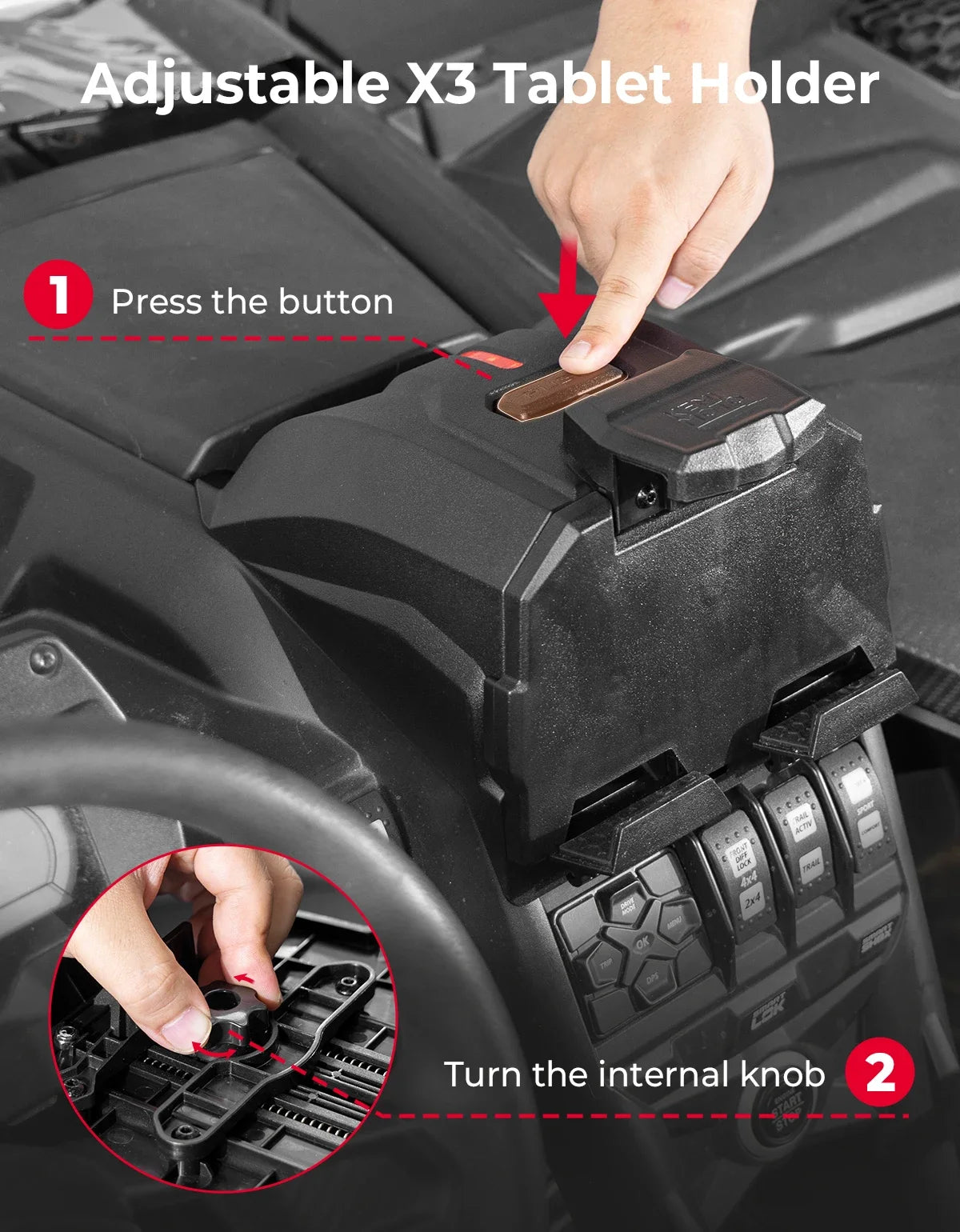 Auto-Clamping Tablet Holder with Storage Box for Can-Am Maverick X3 (2017–2026)