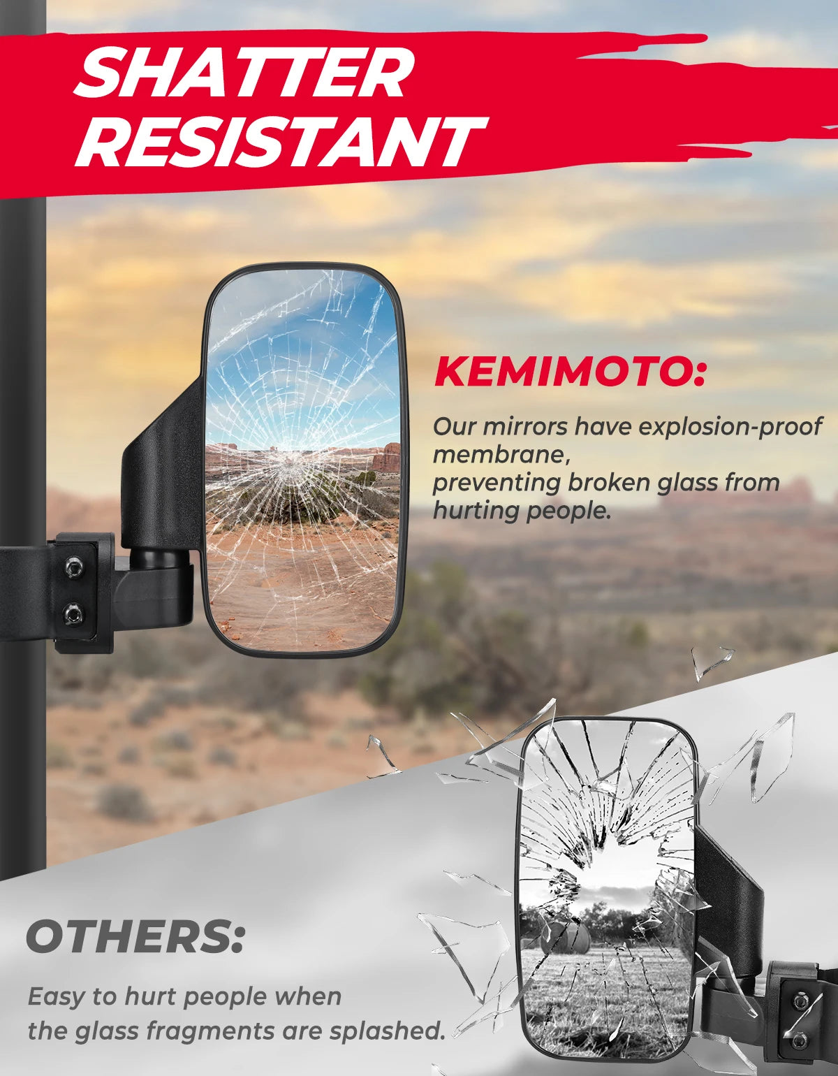 Breakaway Convex Side Mirrors, 1.75–2-Inch Clamp for UTV & SXS