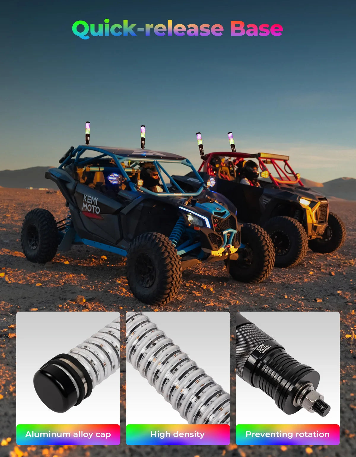 KEMIMOTO 1 FT Fat LED Whip Lights (2-Pack) for UTV & SXS