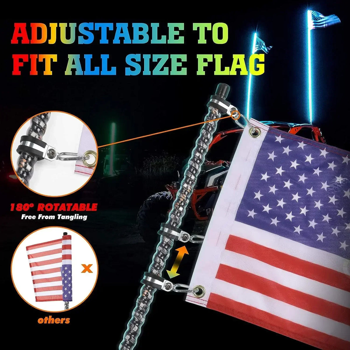 KEMIMOTO 3 ft Spiral LED Whip Light with App & Remote for UTV & SXS