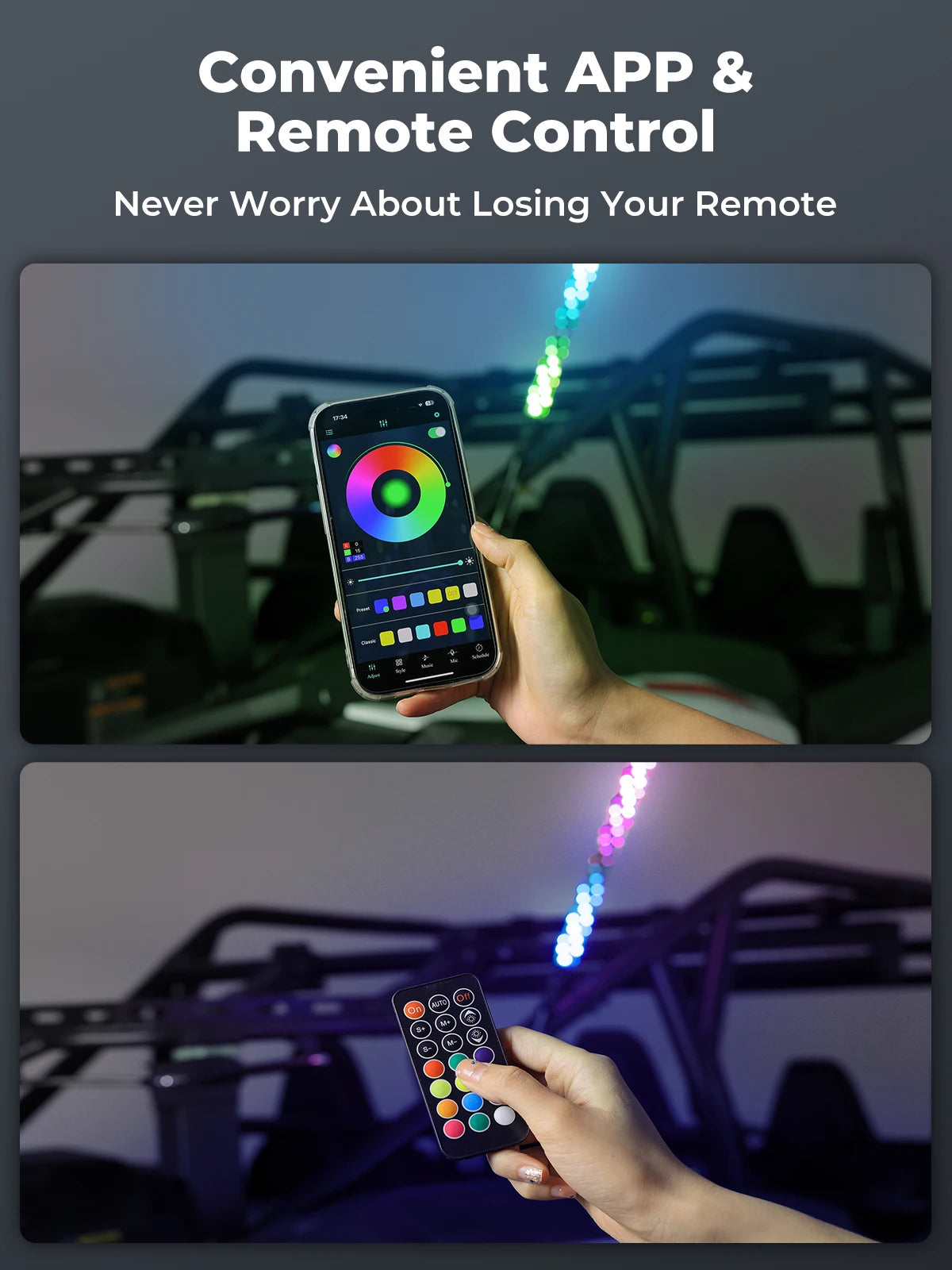 KEMIMOTO 3 ft Spiral LED Whip Light with App Control for UTV & SXS