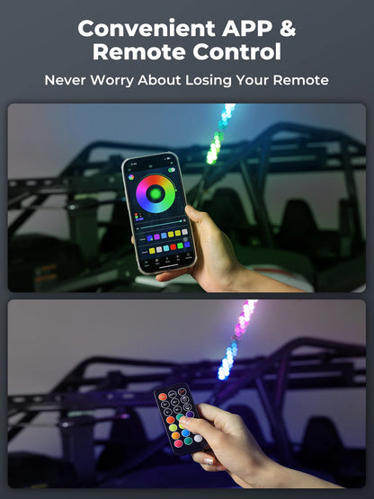 KEMIMOTO 3 ft Spiral LED Whip Light with App Control for UTV & SXS