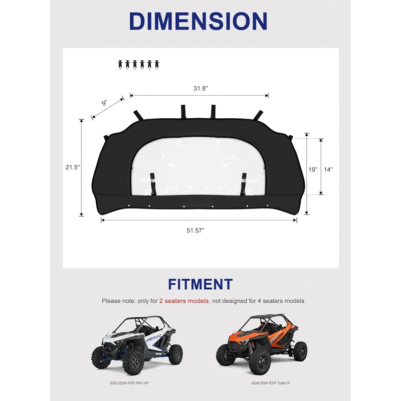Black Soft Rear Windshield Dust Panel for Polaris RZR Pro XP & RZR Turbo R