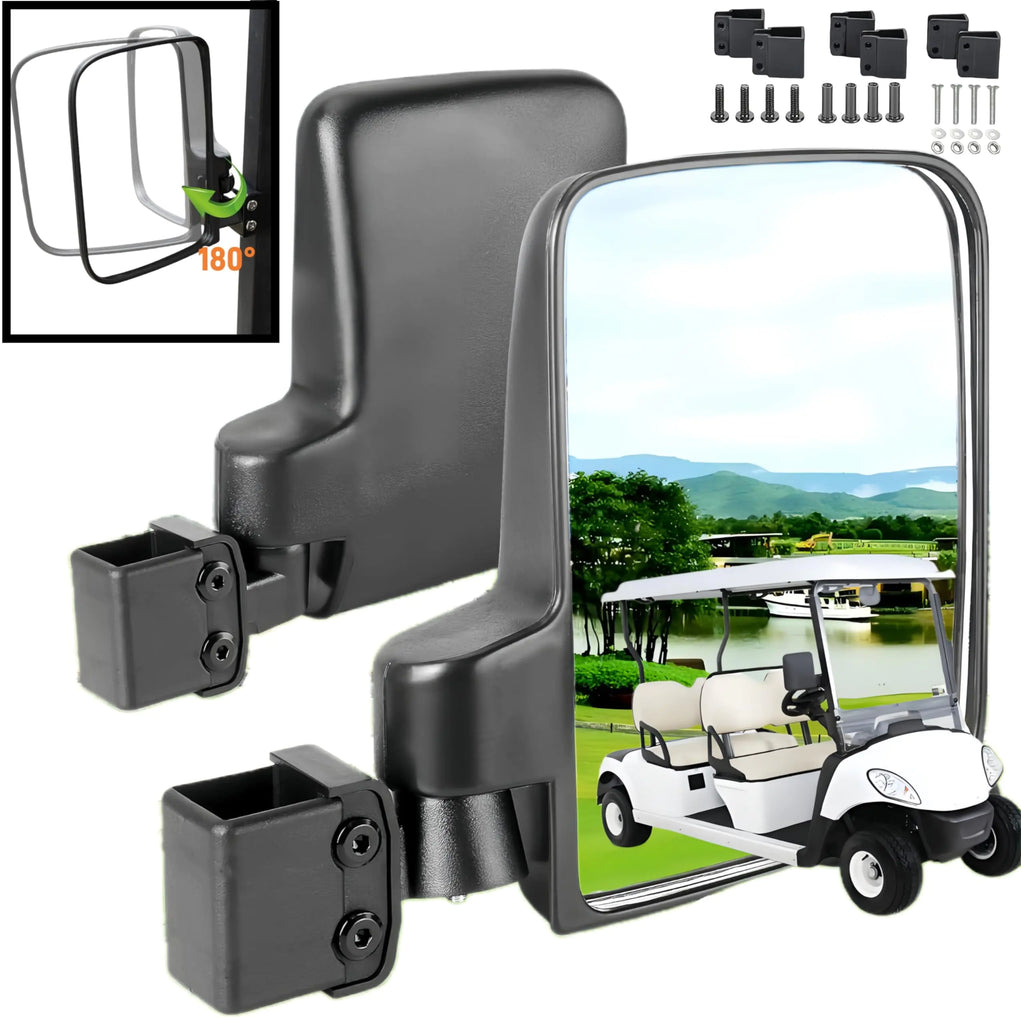 WUKO HUNT Golf Cart Side Mirrors (New for 2024) No Drilling 180 Degree Rotation & Foldable-HD Shatterproof Glass Mirrors for Club CarEZGOYamaha and Other (Multiple Size Clips)