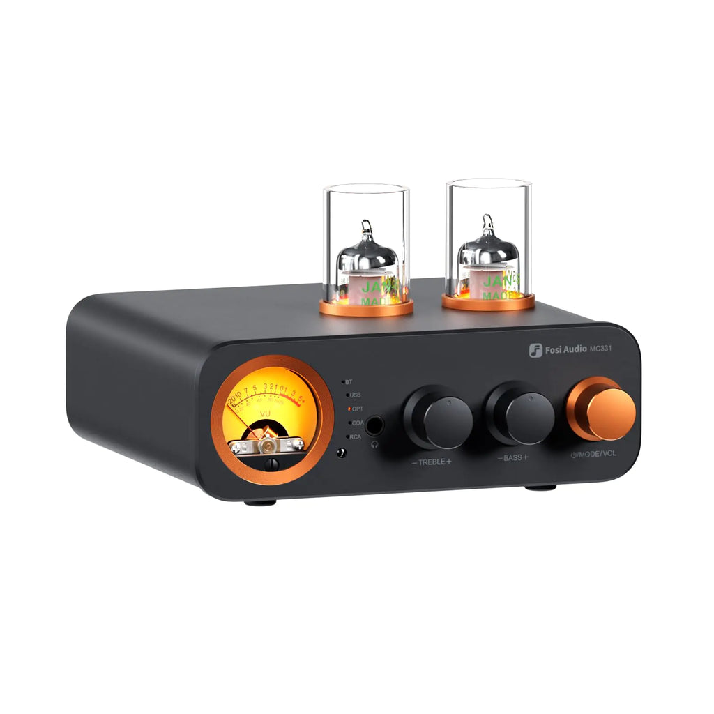 Fosi Audio MC331 Tube Integrated Amplifier with DAC 2 Channel Home Audio Stereo Power Amp for HiFi Bookshelf Speakers/3.5mm Headphones Vintage VU Meter Preamp with Bluetooth and USB/Opt/Coax/RCA