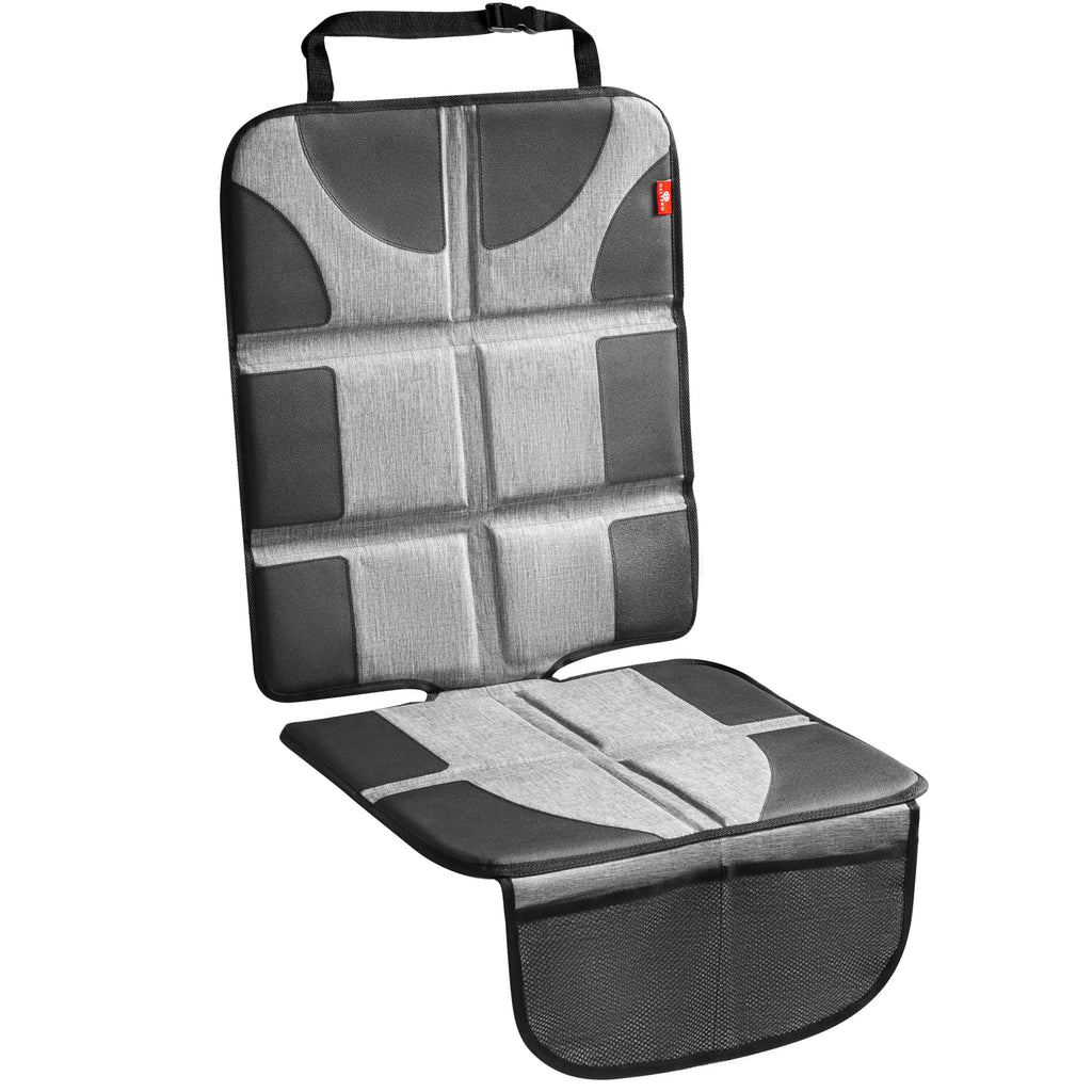 Helteko Car Seat Protector Large Seat Cover for Child Carseat Extra Waterproof & Stain Resistant Thickest Padding Baby Mats Under Car Seats for Leather Seats 2 Mesh Storage Pockets 1Pack (Gray)