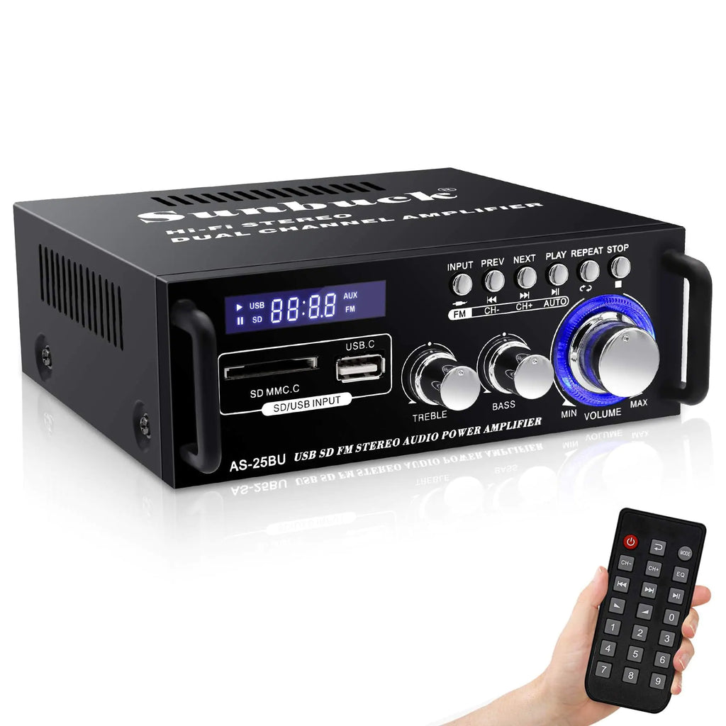 Sunbuck Small Stereo Amplifier Stereo Receivers for Home Audio Max 300Wx2 Power Amplifier Bluetooth Amplifier with USB/SD/RCA/Remote Home Stereo System Components Receiver for Speakers AS-25BU