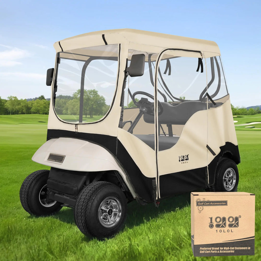 10L0L Golf Cart 2 Passenger Enclosure for EZGO TXT & RXV 4-Sided Clear Window Rain Cover All Weather Waterproof Windproof Beige