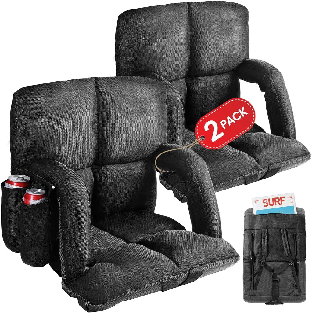 Wide Stadium Seats with Back Support 2 Pack Bleacher Chairs with Comfy Cushion 6 Reclining Positions Portable Stadium Chair Bleacher Seat with Armrests for Sport Events Camping Beaches (Black)