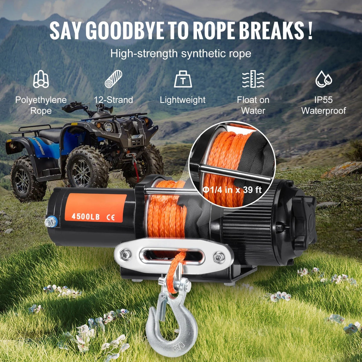 4500 lb Electric Winch with 39 ft Synthetic Rope and Wireless Remote for UTV & SXS – view 4
