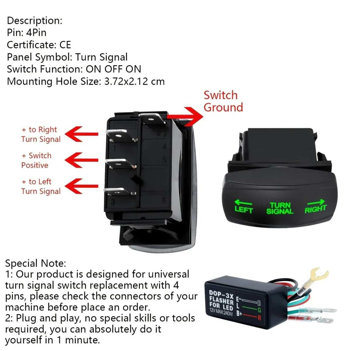 Turn Signal Rocker Switch with Flasher for UTV & SXS – view 5