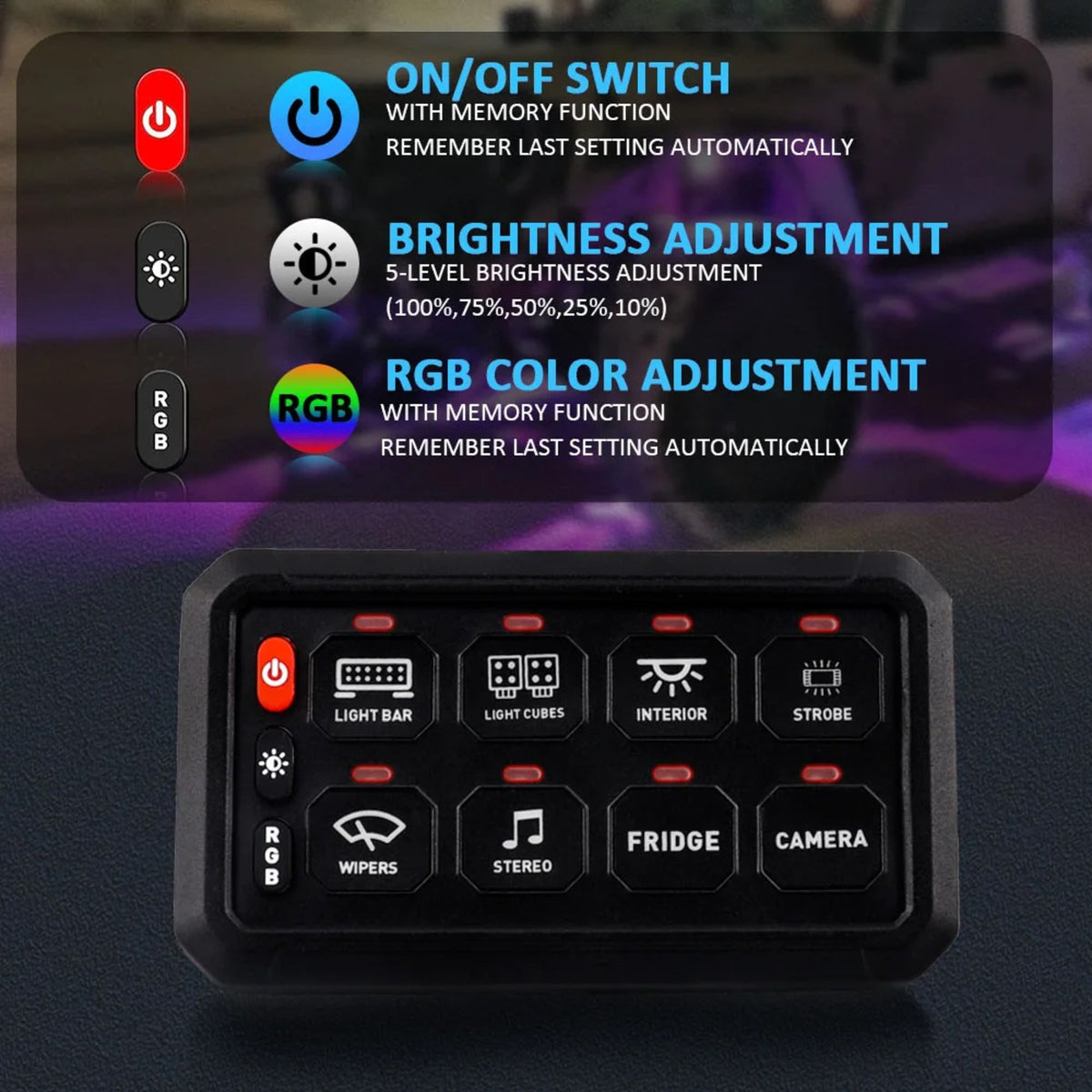 8-Gang RGB Switch Panel with Relay System for UTV & SXS – view 2