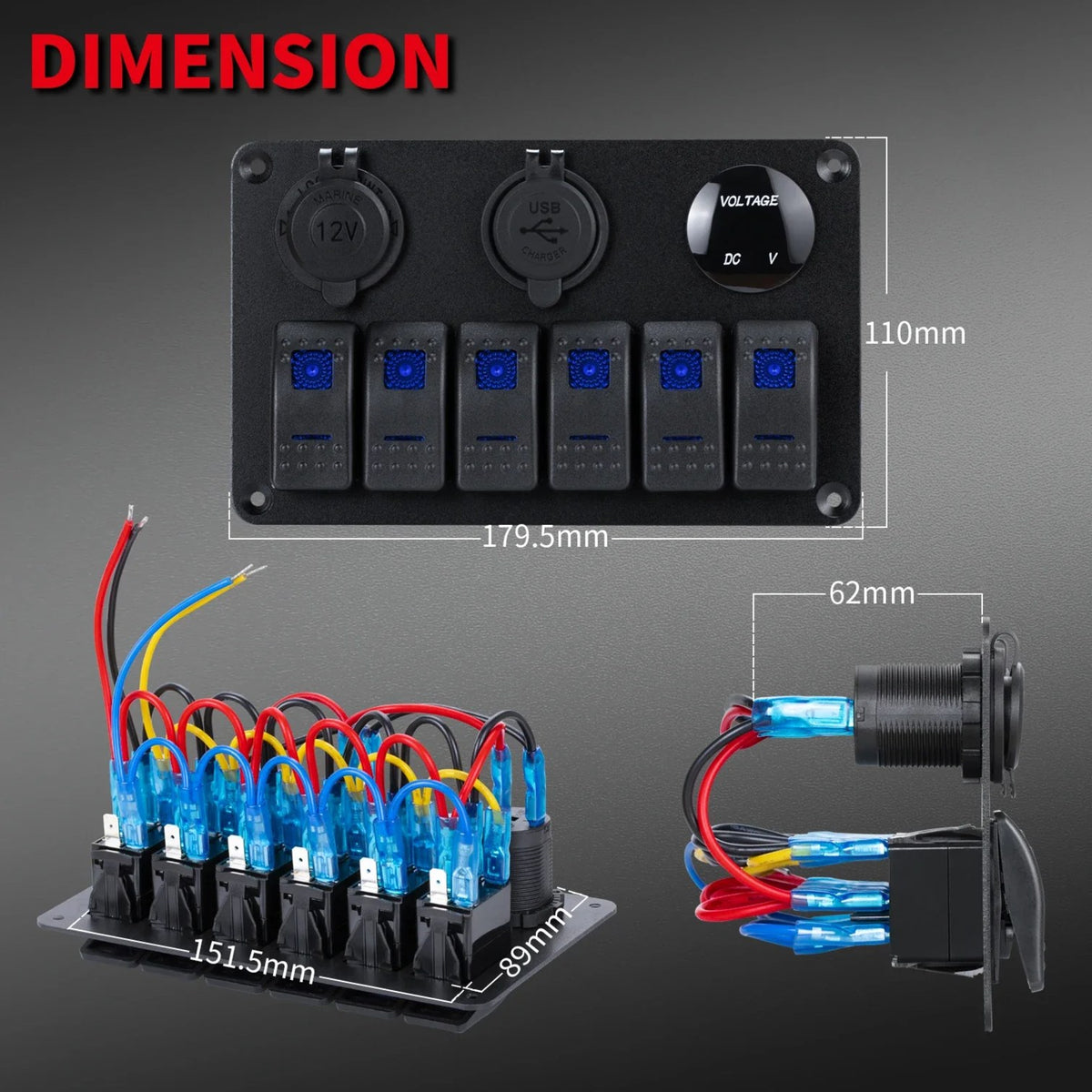 6-Gang Waterproof Marine Rocker Switch Panel with Blue LED for UTV & SXS – view 2